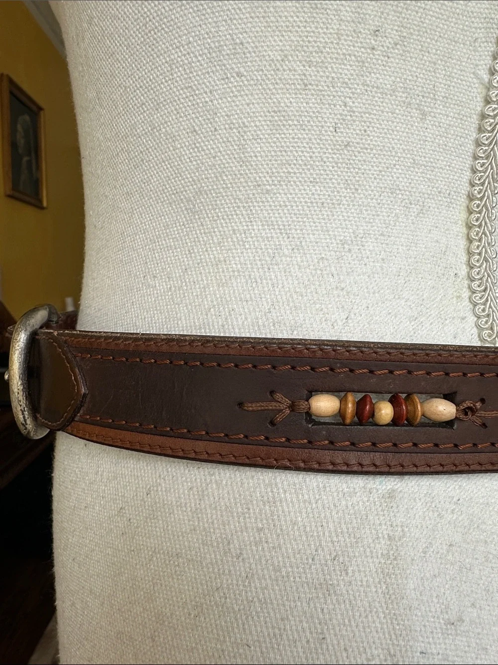 Vintage Solid Brass Buckle Men's Brown Leather Belt with Wooden Beads 32 in